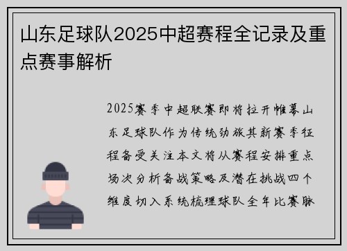 山东足球队2025中超赛程全记录及重点赛事解析